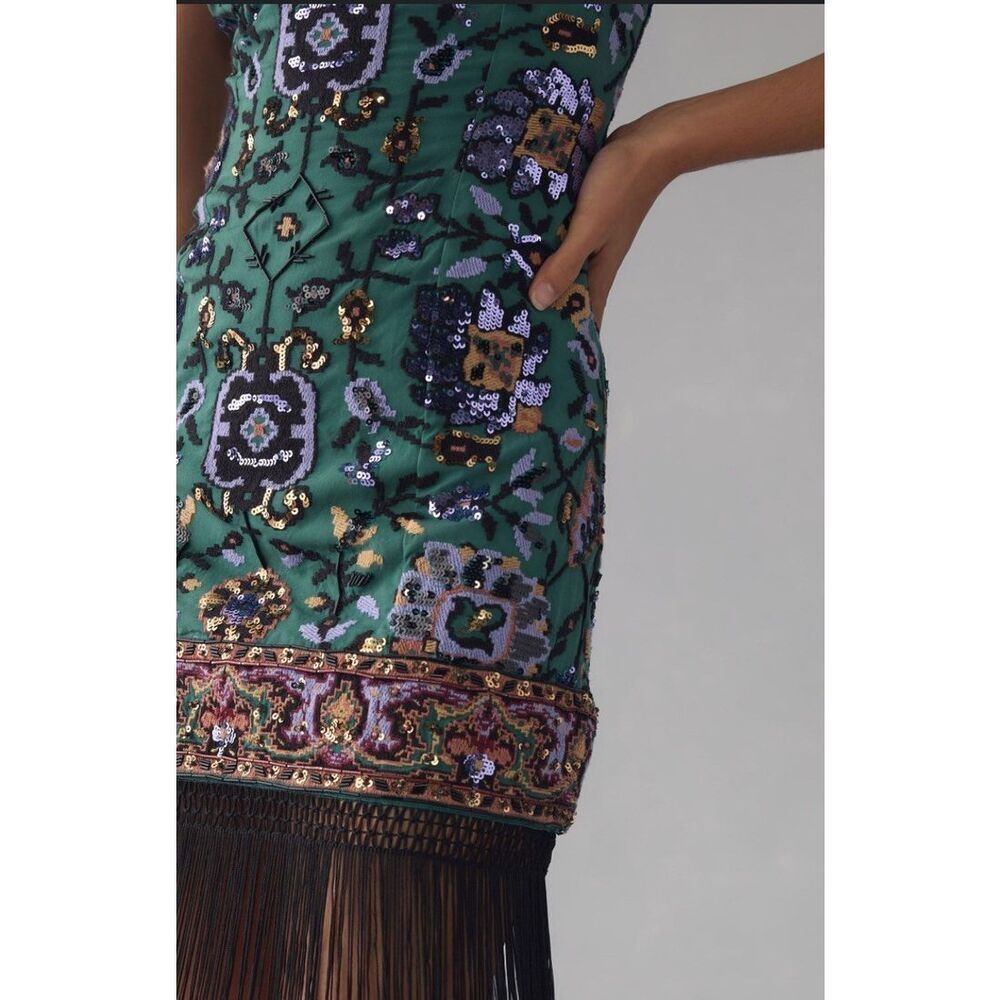 Anthropologie Slim Fringed Midi Dress Embroidered Beaded Fringe Size 14 NEW - Picture 4 of 5